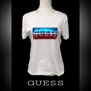 NWT GUESS Los Angeles Kasey BF T-Shirt w/Metallic Logo on Front, White, Size M